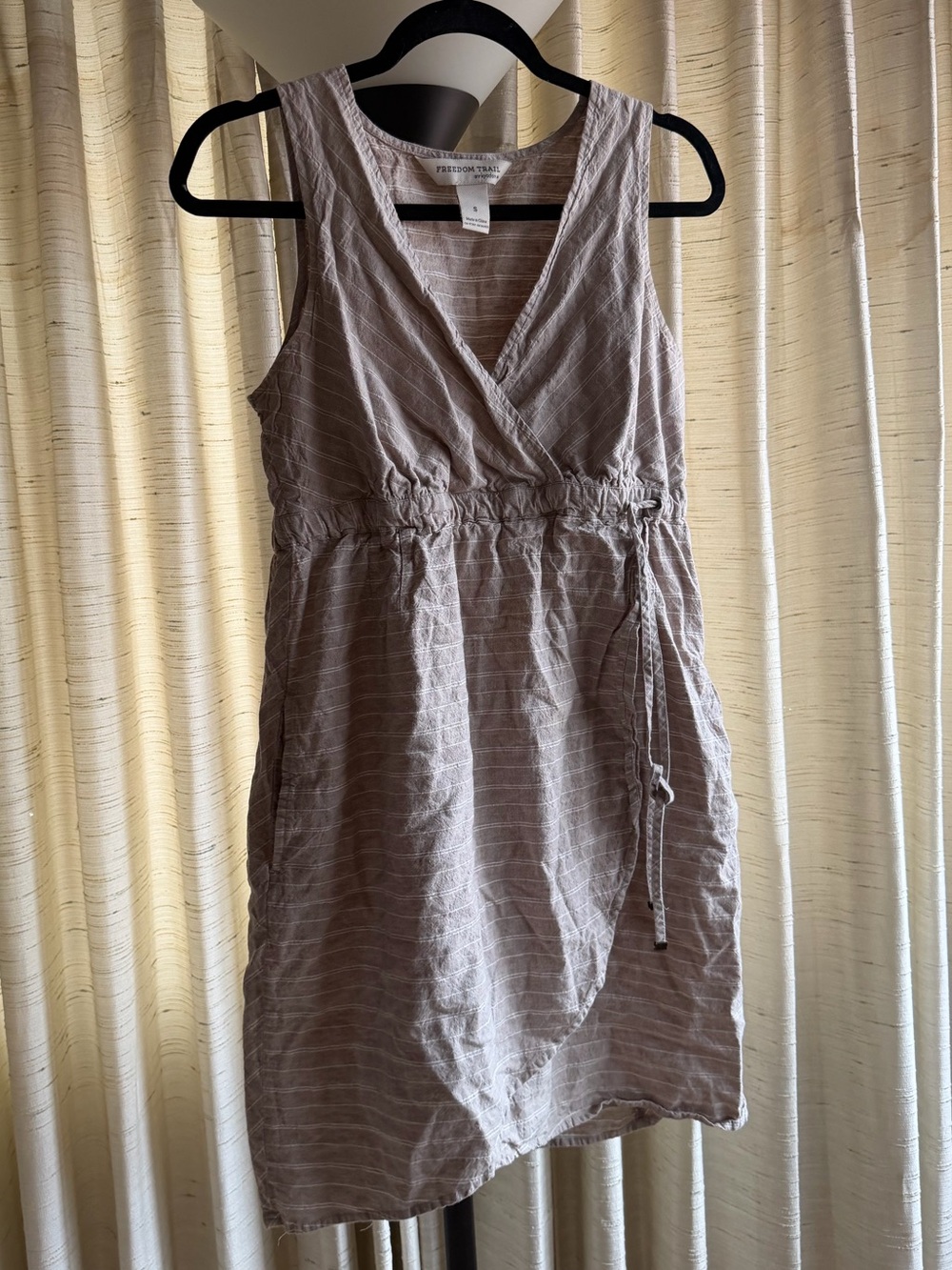 Linen-Blend Wrap Dress — Taupe Stripe - Picture 7 of 9